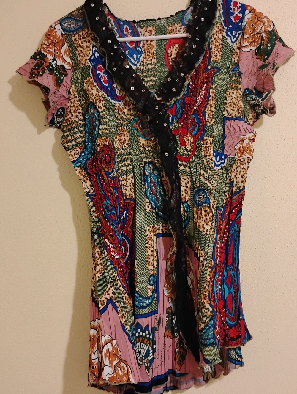 Bohemian Paisley Print Women’s Top with Embellished V-Neck